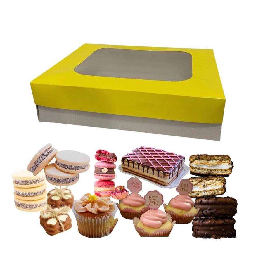 Caja Cartón Tapa Visor Masas Desayuno 25x33x8cm Amaril 20Un