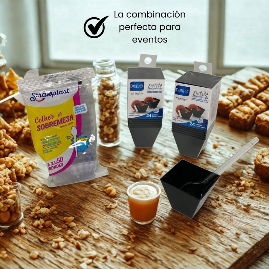 Vaso Shot Postre Descartable Plástico y cucharitas Negro