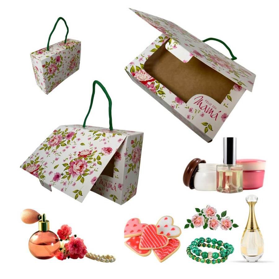 Caja Cartón Rosas Feliz día mamá con cordón 15x21x7cm  x Un