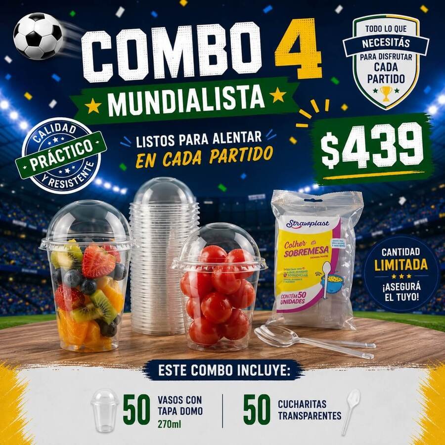 50 Vasos tapa domo 270ml y 50 cucharas