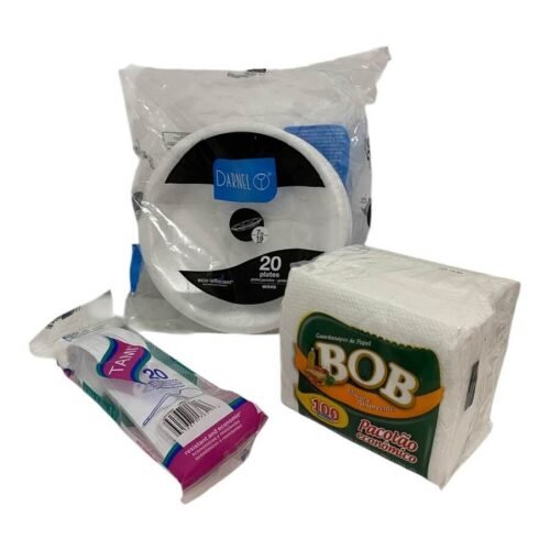 Kit Plato Descartable 18cm, Cucharitas, Servilletas